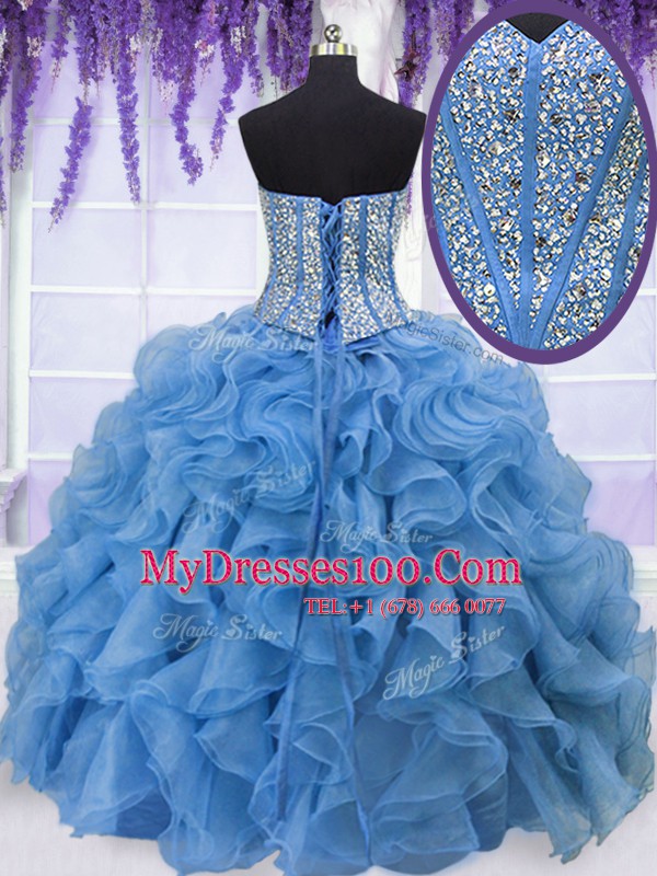 Nice Baby Blue Sweetheart Lace Up Beading and Ruffles Quince Ball Gowns Sleeveless