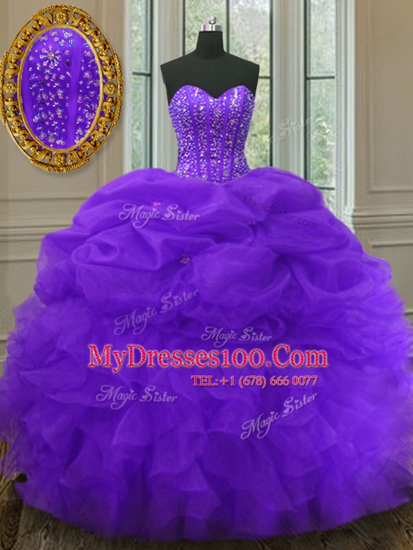 Sweetheart Sleeveless Sweet 16 Dress Floor Length Beading and Ruffles and Pick Ups Purple Organza