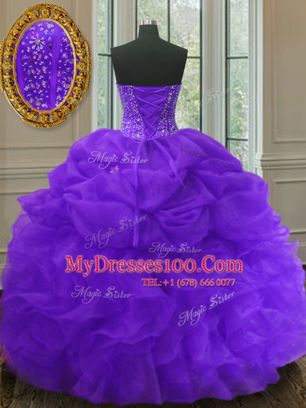 Sweetheart Sleeveless Sweet 16 Dress Floor Length Beading and Ruffles and Pick Ups Purple Organza
