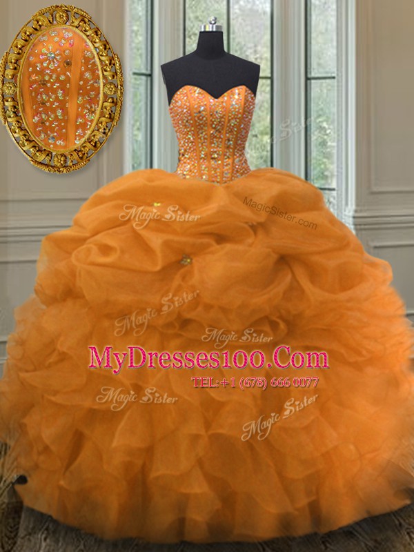 Comfortable Orange Organza Lace Up Sweetheart Sleeveless Floor Length Quinceanera Dress Beading and Ruffles and Pick Ups
