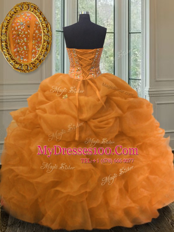 Comfortable Orange Organza Lace Up Sweetheart Sleeveless Floor Length Quinceanera Dress Beading and Ruffles and Pick Ups
