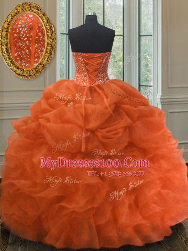 Orange Red Sweetheart Neckline Beading and Ruffles and Pick Ups Quince Ball Gowns Sleeveless Lace Up