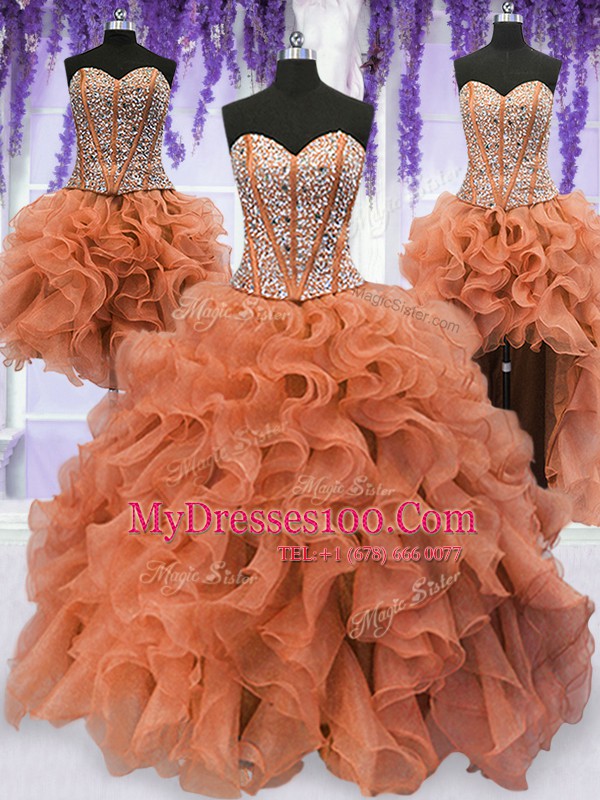 Four Piece Beading and Ruffles Ball Gown Prom Dress Orange Lace Up Sleeveless Floor Length