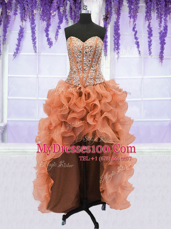 Four Piece Beading and Ruffles Ball Gown Prom Dress Orange Lace Up Sleeveless Floor Length