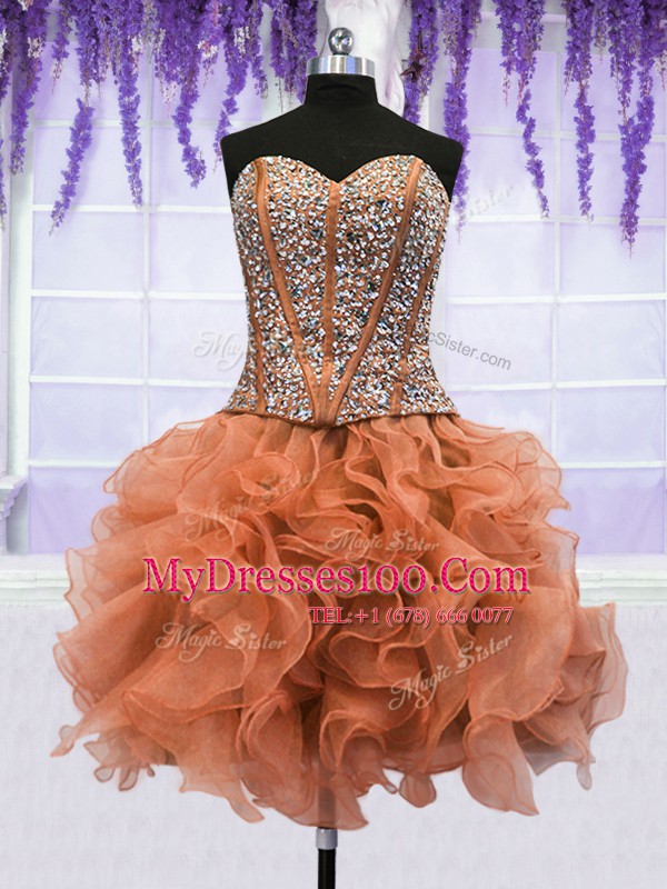 Four Piece Beading and Ruffles Ball Gown Prom Dress Orange Lace Up Sleeveless Floor Length