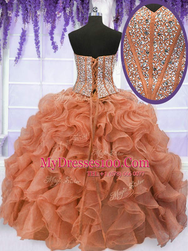Four Piece Beading and Ruffles Ball Gown Prom Dress Orange Lace Up Sleeveless Floor Length