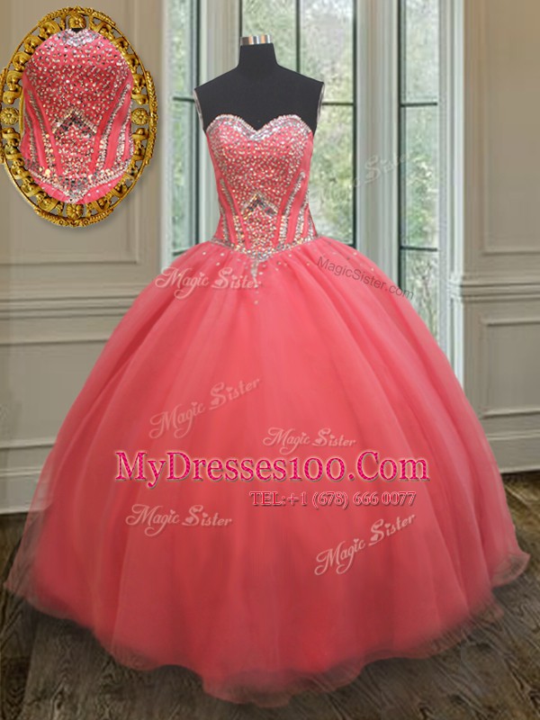 Charming Watermelon Red Sleeveless Floor Length Beading Lace Up Quince Ball Gowns