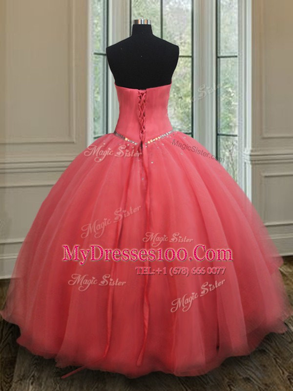 Charming Watermelon Red Sleeveless Floor Length Beading Lace Up Quince Ball Gowns