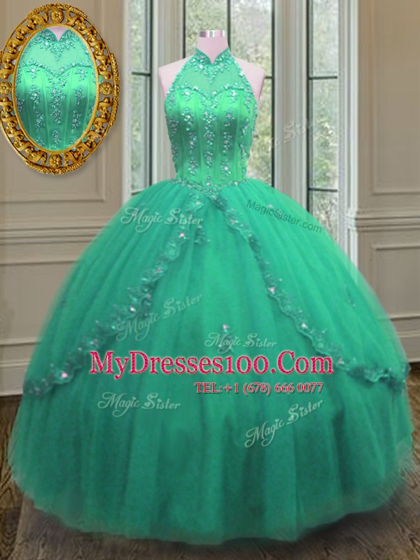 Turquoise Lace Up Quince Ball Gowns Beading and Appliques Sleeveless Floor Length