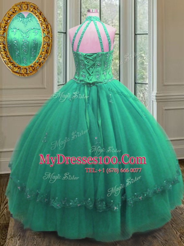 Turquoise Lace Up Quince Ball Gowns Beading and Appliques Sleeveless Floor Length