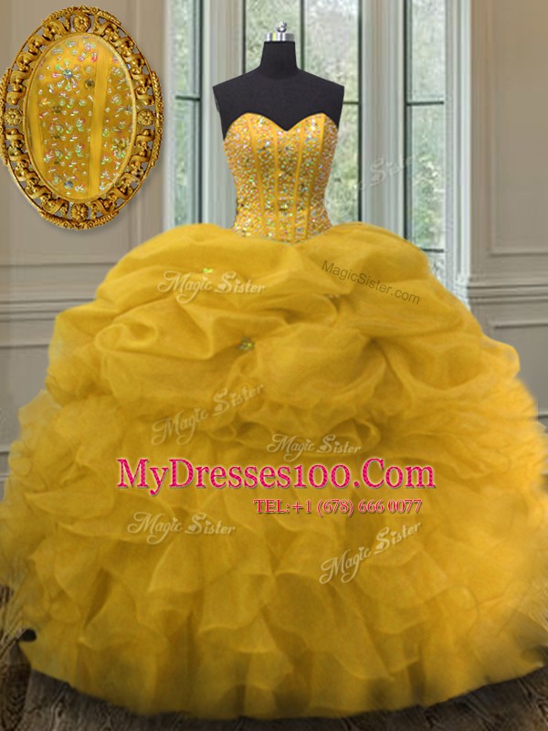 Affordable Gold Quinceanera Gown Military Ball and Sweet 16 and Quinceanera and For with Beading and Ruffles and Pick Ups Sweetheart Sleeveless Lace Up