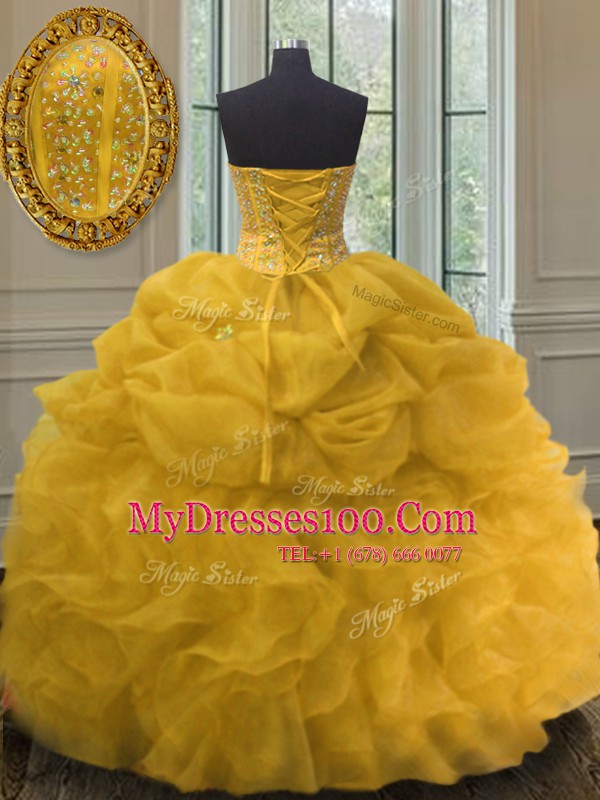Affordable Gold Quinceanera Gown Military Ball and Sweet 16 and Quinceanera and For with Beading and Ruffles and Pick Ups Sweetheart Sleeveless Lace Up