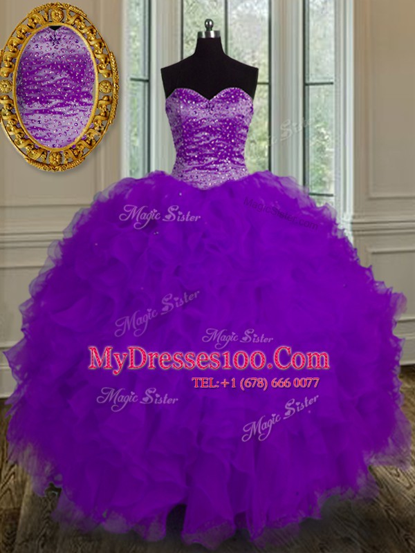 Cheap Eggplant Purple Sleeveless Tulle Lace Up Sweet 16 Dress for Military Ball and Sweet 16 and Quinceanera