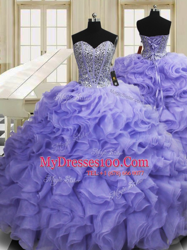 Pretty Organza Sweetheart Sleeveless Sweep Train Lace Up Beading and Ruffles Quinceanera Dresses in Lavender