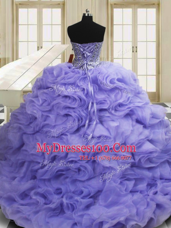Pretty Organza Sweetheart Sleeveless Sweep Train Lace Up Beading and Ruffles Quinceanera Dresses in Lavender