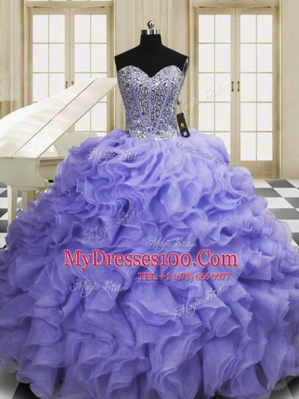 Pretty Organza Sweetheart Sleeveless Sweep Train Lace Up Beading and Ruffles Quinceanera Dresses in Lavender