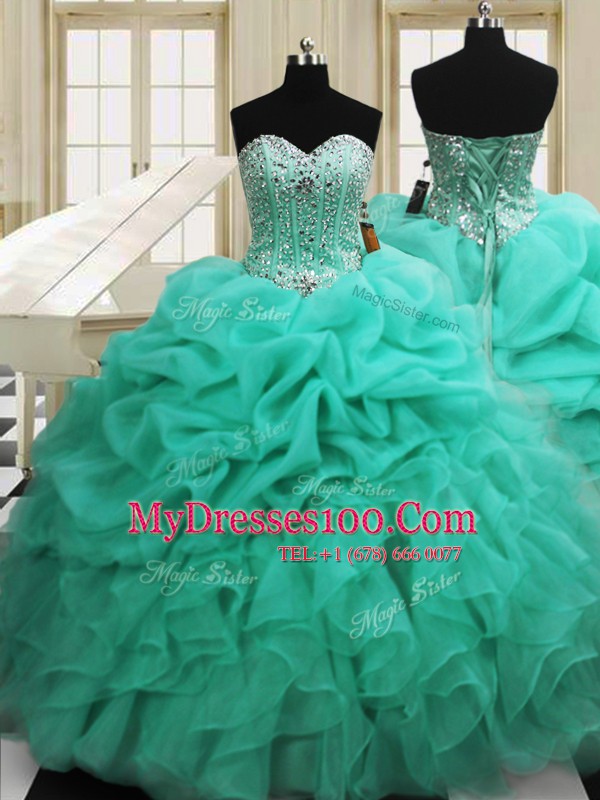 Fabulous Apple Green Ball Gowns Sweetheart Sleeveless Organza Floor Length Lace Up Beading and Pick Ups Quinceanera Gowns