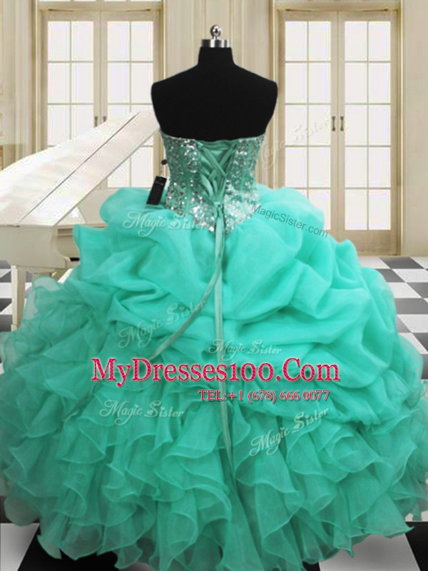 Fabulous Apple Green Ball Gowns Sweetheart Sleeveless Organza Floor Length Lace Up Beading and Pick Ups Quinceanera Gowns
