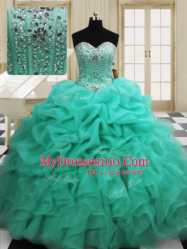 Fabulous Apple Green Ball Gowns Sweetheart Sleeveless Organza Floor Length Lace Up Beading and Pick Ups Quinceanera Gowns