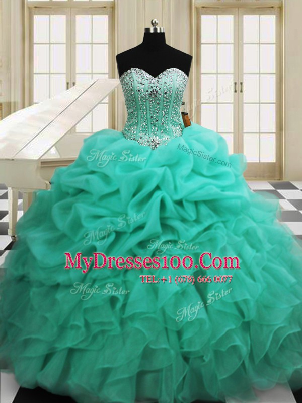 Fabulous Apple Green Ball Gowns Sweetheart Sleeveless Organza Floor Length Lace Up Beading and Pick Ups Quinceanera Gowns
