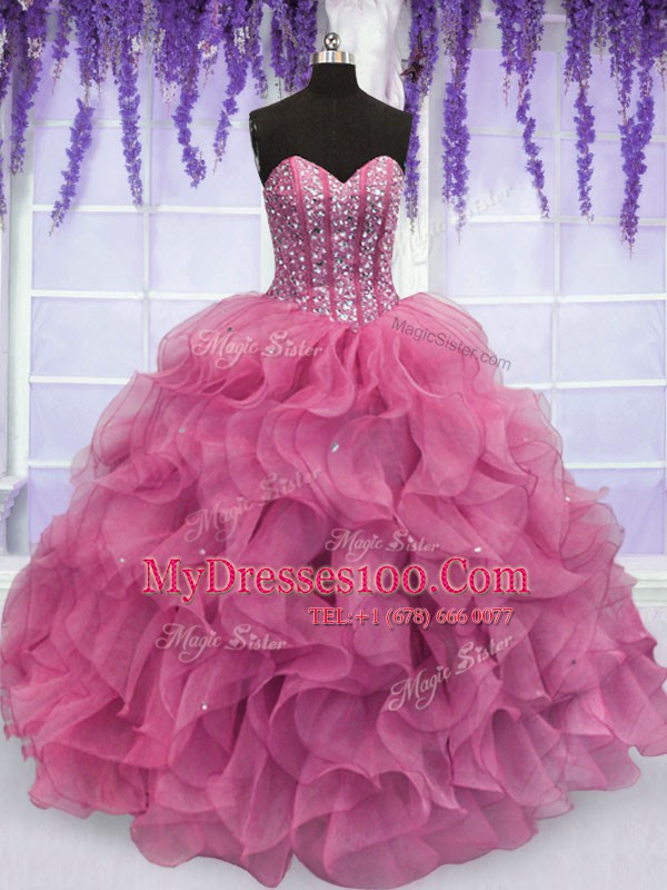 Sleeveless Organza Floor Length Lace Up Quinceanera Dress in Rose Pink with Beading and Ruffles