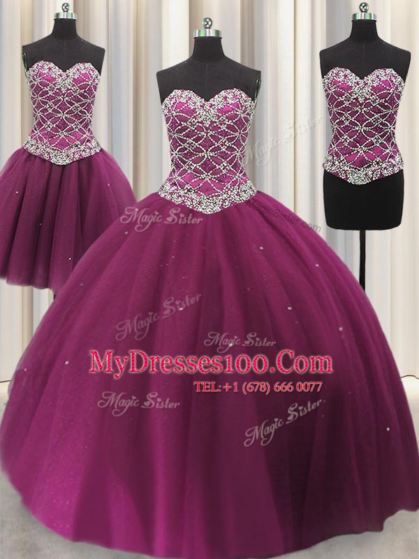 Traditional Three Piece Beading and Sequins 15th Birthday Dress Fuchsia Lace Up Sleeveless Floor Length