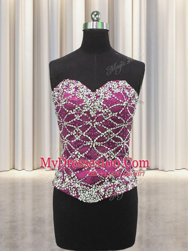 Traditional Three Piece Beading and Sequins 15th Birthday Dress Fuchsia Lace Up Sleeveless Floor Length