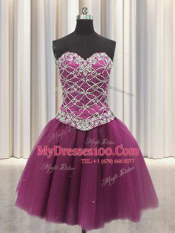 Traditional Three Piece Beading and Sequins 15th Birthday Dress Fuchsia Lace Up Sleeveless Floor Length