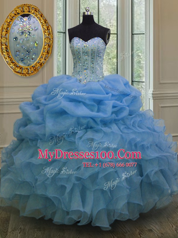 High Quality Pick Ups Floor Length Blue Sweet 16 Dresses Sweetheart Sleeveless Lace Up
