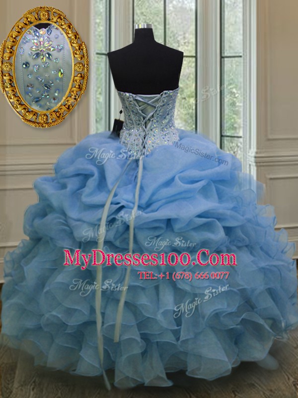 High Quality Pick Ups Floor Length Blue Sweet 16 Dresses Sweetheart Sleeveless Lace Up