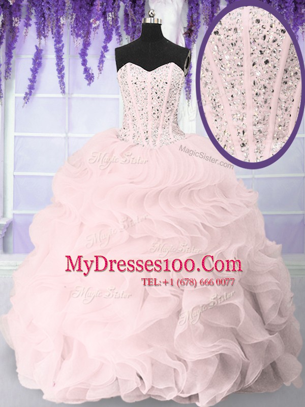 Pink Lace Up Quinceanera Dress Beading and Ruffles Sleeveless Floor Length