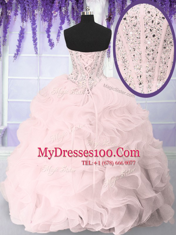 Pink Lace Up Quinceanera Dress Beading and Ruffles Sleeveless Floor Length