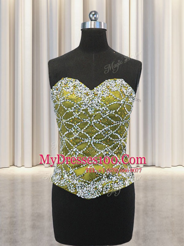 Nice Three Piece Floor Length Olive Green 15th Birthday Dress Tulle Sleeveless Beading and Sequins