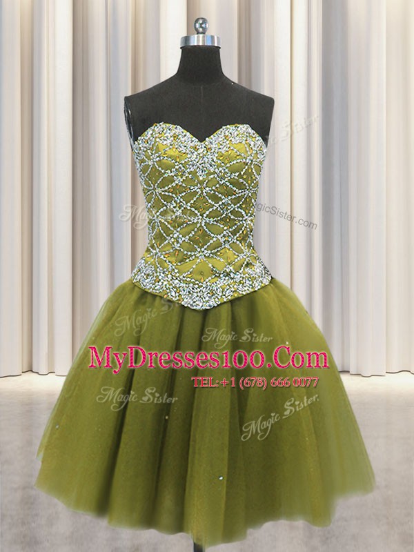 Nice Three Piece Floor Length Olive Green 15th Birthday Dress Tulle Sleeveless Beading and Sequins