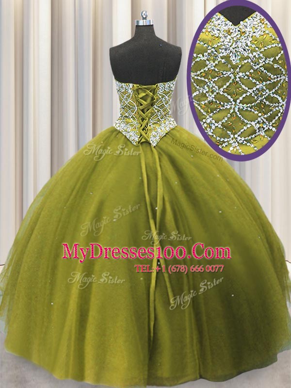 Nice Three Piece Floor Length Olive Green 15th Birthday Dress Tulle Sleeveless Beading and Sequins