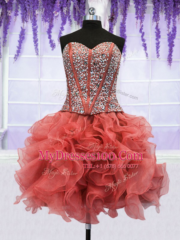 Affordable Four Piece Coral Red Ball Gowns Organza Sweetheart Sleeveless Beading and Ruffles Floor Length Lace Up Vestidos de Quinceanera