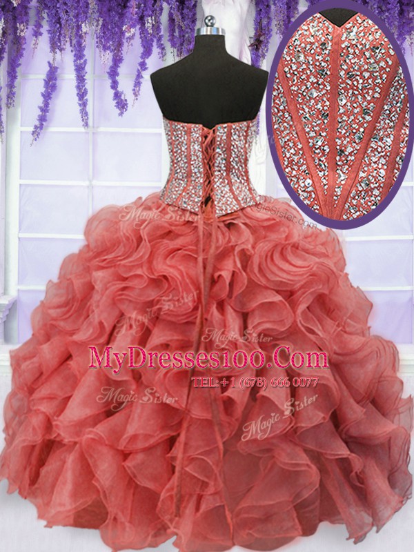 Affordable Four Piece Coral Red Ball Gowns Organza Sweetheart Sleeveless Beading and Ruffles Floor Length Lace Up Vestidos de Quinceanera