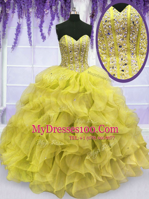 Elegant Yellow Sweetheart Neckline Beading and Ruffles Quinceanera Gowns Sleeveless Lace Up