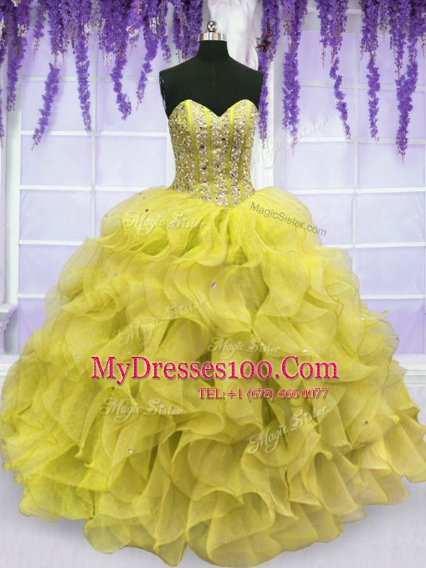Elegant Yellow Sweetheart Neckline Beading and Ruffles Quinceanera Gowns Sleeveless Lace Up