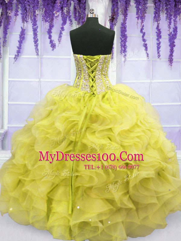 Elegant Yellow Sweetheart Neckline Beading and Ruffles Quinceanera Gowns Sleeveless Lace Up