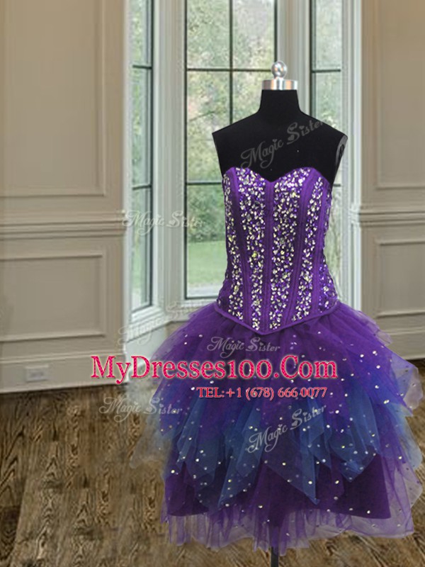 Fantastic Three Piece Sequins Sweetheart Sleeveless Lace Up Sweet 16 Dresses Multi-color Tulle