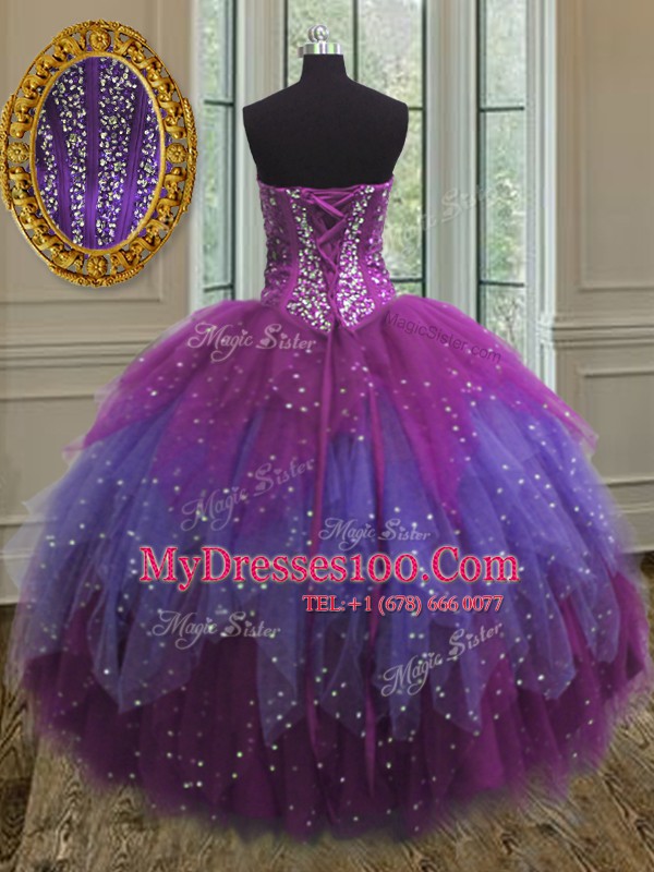 Fantastic Three Piece Sequins Sweetheart Sleeveless Lace Up Sweet 16 Dresses Multi-color Tulle