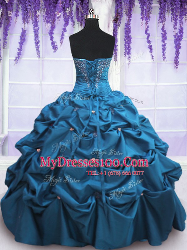Super Sleeveless Floor Length Beading and Appliques and Pick Ups Lace Up 15th Birthday Dress with Teal