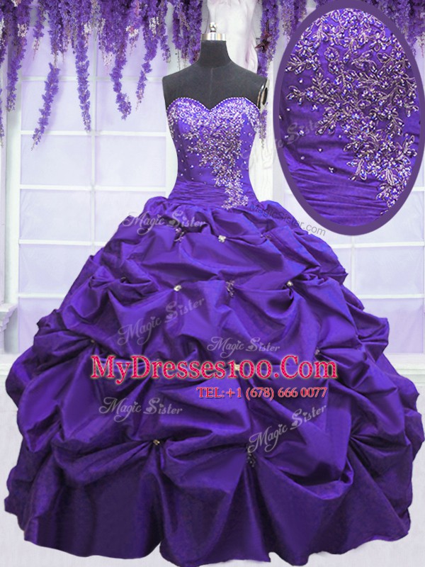 Taffeta Sweetheart Sleeveless Lace Up Beading and Pick Ups Quince Ball Gowns in Purple