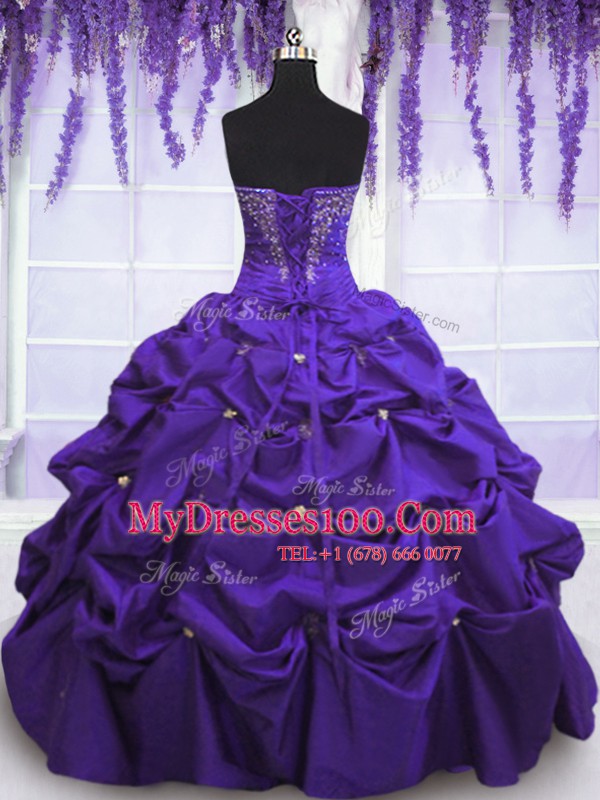 Taffeta Sweetheart Sleeveless Lace Up Beading and Pick Ups Quince Ball Gowns in Purple