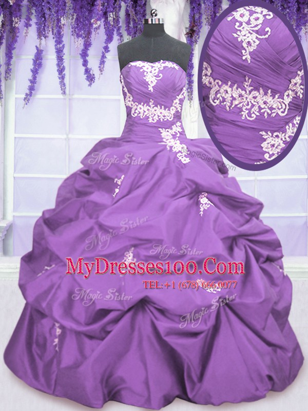 Lavender Sleeveless Appliques and Pick Ups Floor Length Quince Ball Gowns