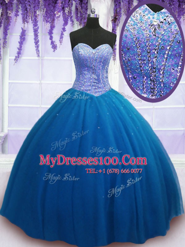 Ball Gowns Sweet 16 Quinceanera Dress Teal Sweetheart Tulle Sleeveless Floor Length Lace Up