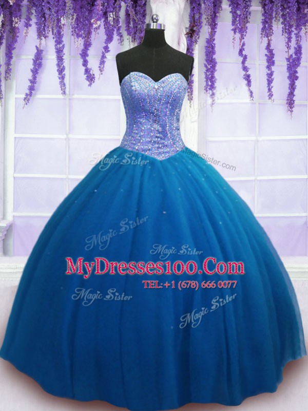 Ball Gowns Sweet 16 Quinceanera Dress Teal Sweetheart Tulle Sleeveless Floor Length Lace Up