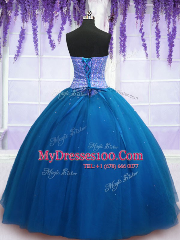 Ball Gowns Sweet 16 Quinceanera Dress Teal Sweetheart Tulle Sleeveless Floor Length Lace Up