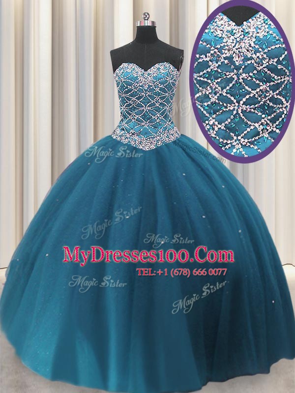 Excellent Teal Quinceanera Gown Military Ball and Sweet 16 and Quinceanera and For with Beading and Sequins Sweetheart Sleeveless Lace Up